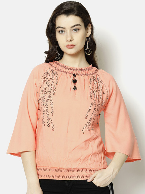

V2 Value & Variety Women Light Peach-Coloured Floral Printed Regular Top