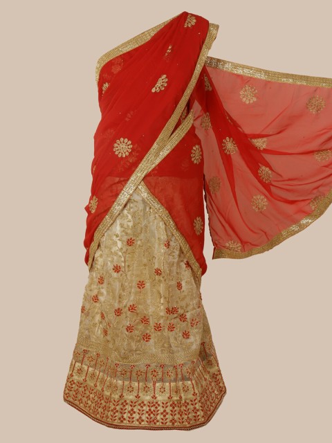 

Pothys Red & Cream-Coloured Poly Chiffon Embroidered Half Saree