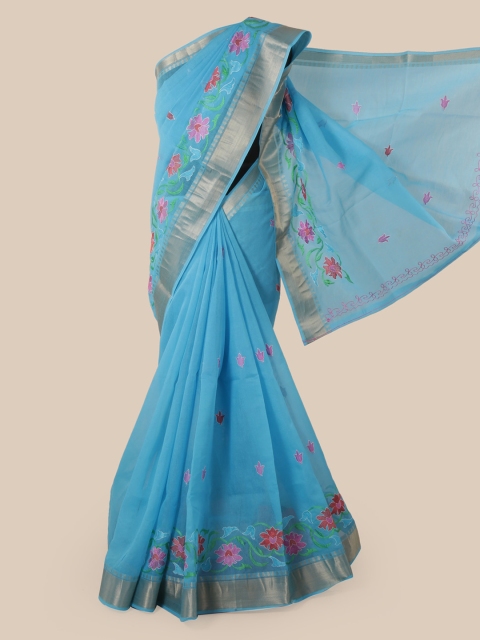 

Pothys Blue Cotton Blend Embroidered Chanderi Saree