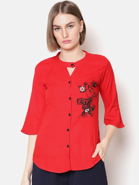 V2 Value & Variety Red & Black Floral Choker Neck Placement Print Shirt Style Top