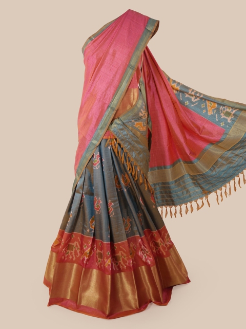 

Pothys Pink & Grey Art Silk Printed Lehenga Saree