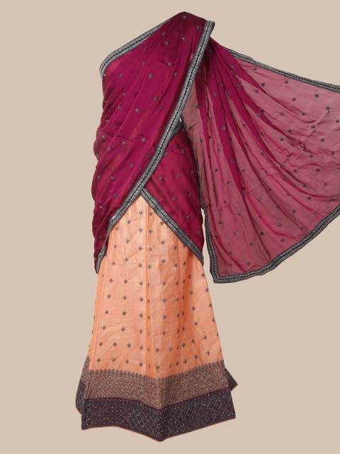 

Pothys Magenta & Orange Poly Chiffon Embroidered Half Saree