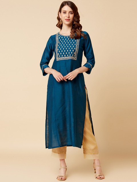 

Varanga Women Teal Blue Yoke Design Thread Work Kurta