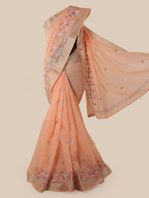 

Pothys Orange Cotton Blend Embroidered Chanderi Saree