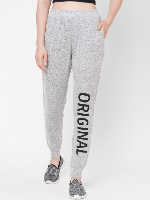 

Mystere Paris Women Grey Melange and Black Printed Slim-Fit Cotton Joggers
