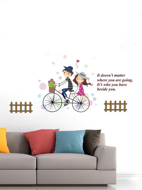 

rawpockets Brown & Blue Cute Boy and Girl Riding Cycle With Quotes Wall Stickers
