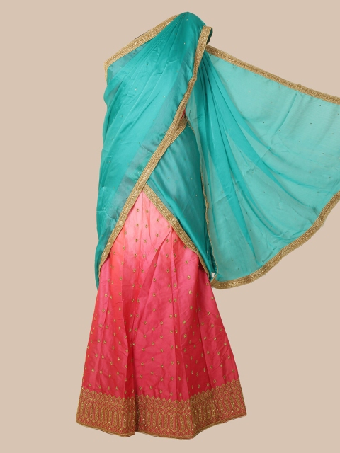 

Pothys Blue & Dark Peach-Coloured Poly Chiffon Solid Traditional Half Saree