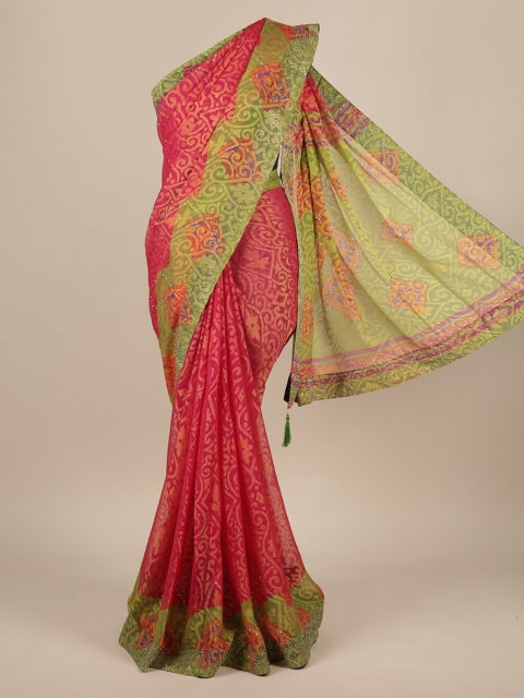 

Pothys Pink & Green Poly Chiffon Printed Saree