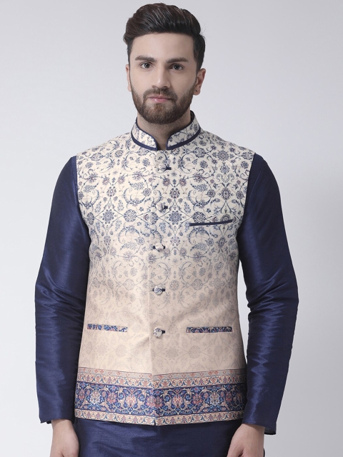 

I Know Men Cream-Coloured & Blue Turkish Printed Woven Nehru Jacket