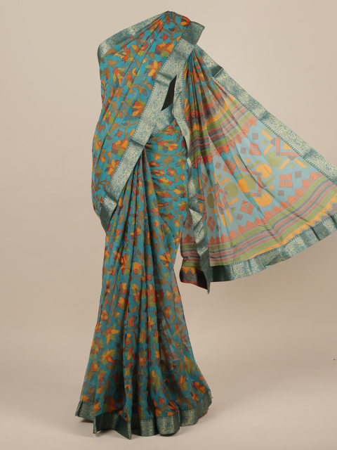 Pothys Blue & Red Poly Chiffon Printed Saree