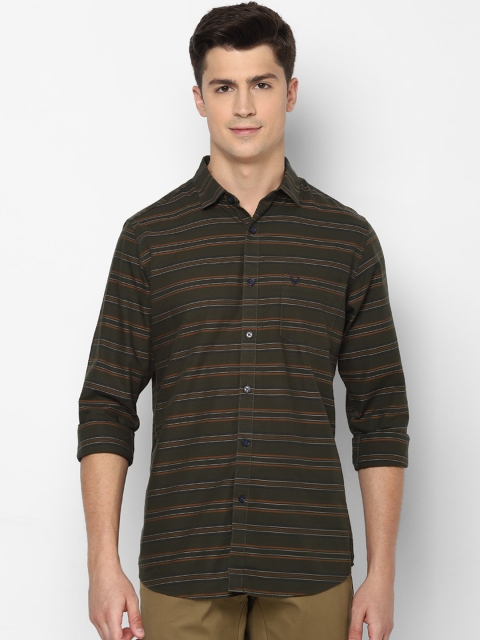 

Allen Solly Men Olive Green & Rust Brown Slim Fit Striped Pure Cotton Casual Shirt