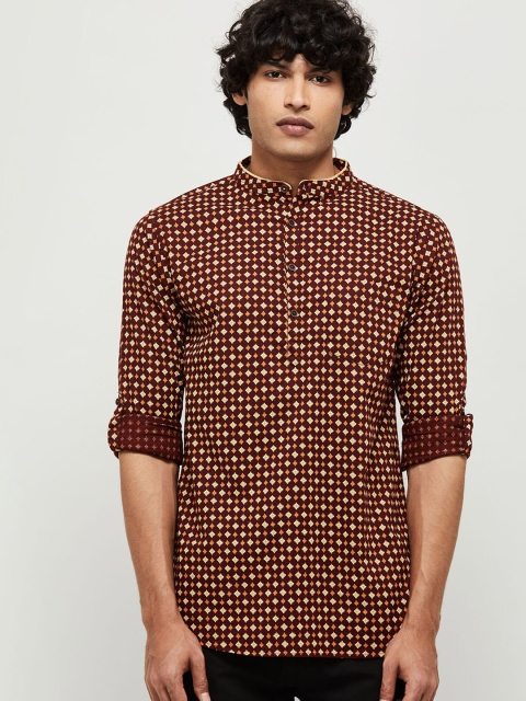 

max Men Brown Geometric Printed Cotton Kurta