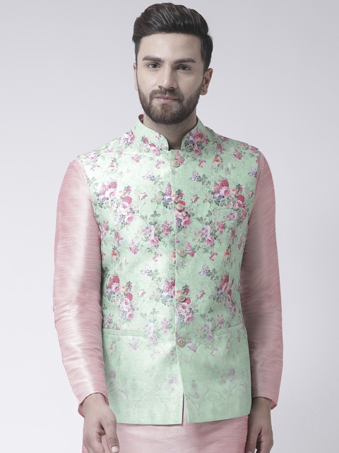 

I Know Men Sea Green & Pink Floral Printed Nehru Jacket