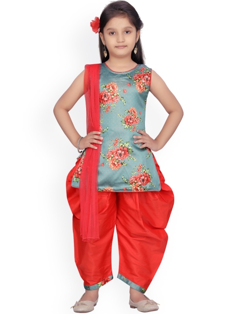 

Aarika Girls Grey & Orange Printed Kurti with Patiala & Dupatta