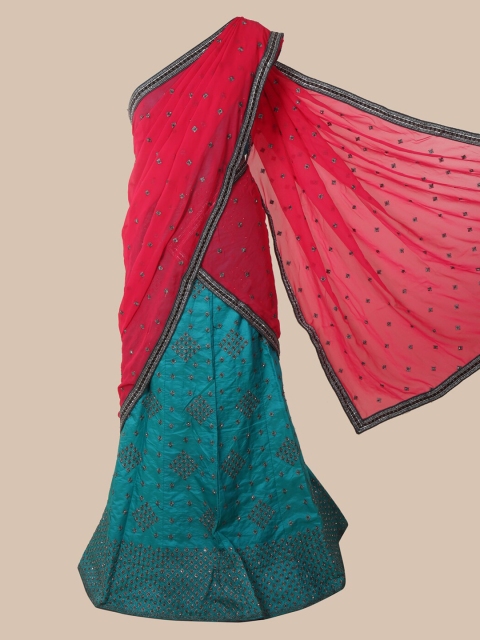 

Pothys Pink & Blue Poly Chiffon Embroidered Lehenga Saree