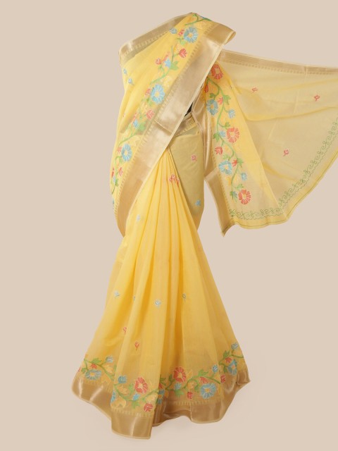 

Pothys Yellow Embroidered Chanderi Saree