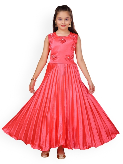

Aarika Girls Coral Red Appliqued Satin Finish Accordian Pleated Gown, Charcoal