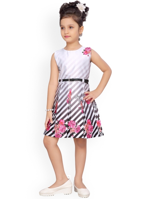 

Aarika Girls Grey & White Striped Satin A-Line Dress