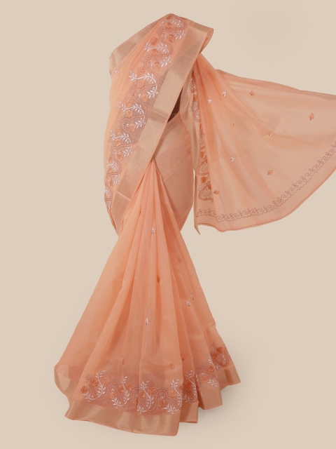

Pothys Orange Cotton Blend Embroidered Chanderi Saree