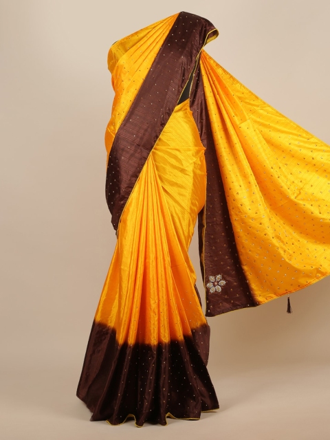 

Pothys Yellow & Brown Jute Silk Colourblocked Saree