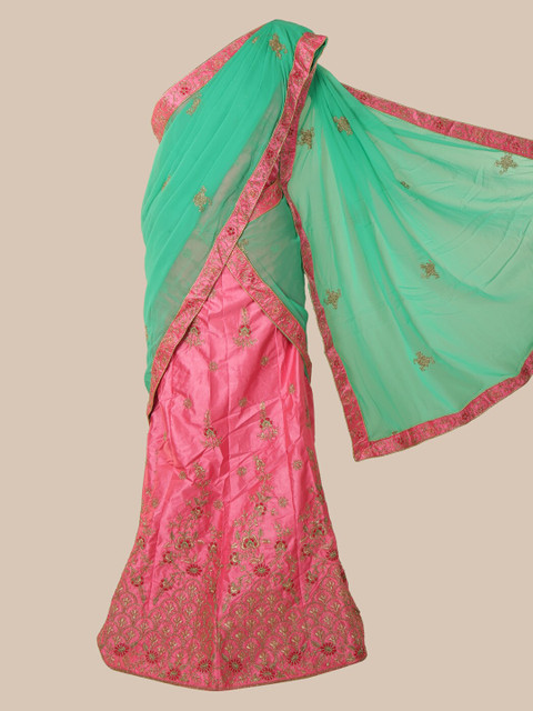 

Pothys Sea Green & Pink Poly Chiffon Embroidered Lehenga Saree