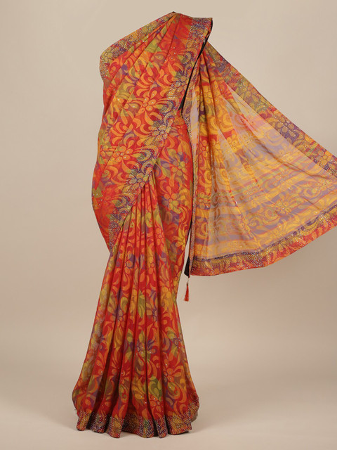 

Pothys Orange Printed Poly Chiffon Saree