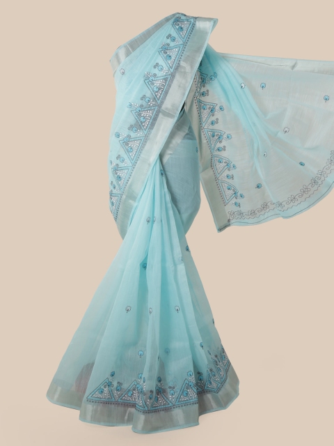 

Pothys Turquoise Blue Cotton Blend Embroidered Chanderi Saree
