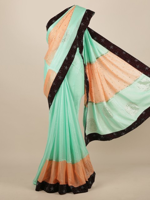 

Pothys Green Striped Poly Chiffon Saree