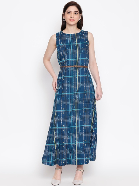 

AKKRITI BY PANTALOONS Women Blue & Yellow Checked Maxi Dress & Belt