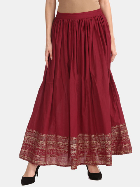

Bronz Women Red & Gold-Coloured Pure Cotton Printed Hem Maxi Skirt