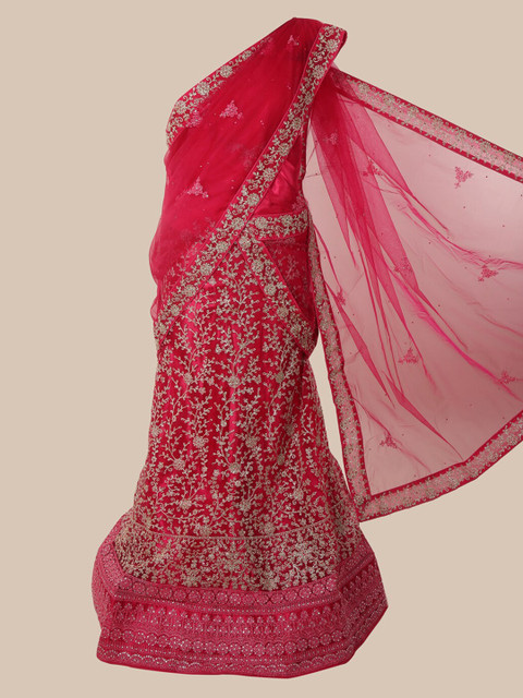 

Pothys Pink & Silver-Toned Net Embroidered Lehenga Saree