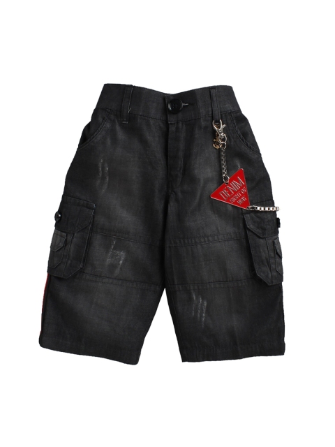 

Noddy Boys Black Solid Denim Low Distressed Regular Fit Cargo Shorts