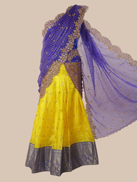

Pothys Blue & Yellow Cotton Blend Embroidered Traditional Saree
