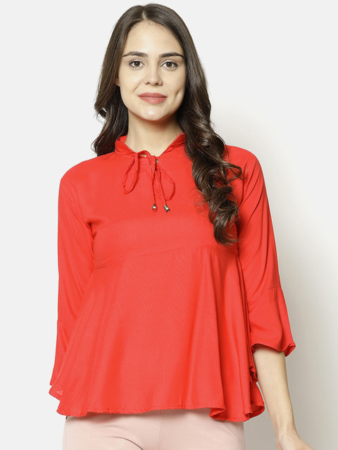 

V2 Value & Variety Red Tie-Up Neck Peplum Top