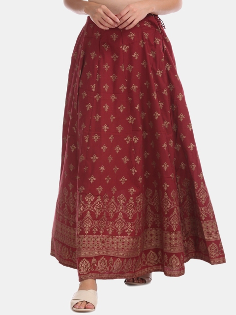 

Anahi Women Maroon & Gold-Coloured Printed Flared Maxi Skirt