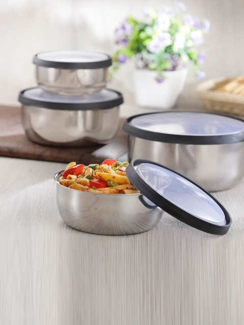 

Jensons Set Of 4 Silver-Toned Stainless Steel Bowl Set Easy Removable Lid