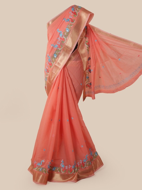 

Pothys Peach-Coloured Cotton Blend Woven Design Chanderi Saree