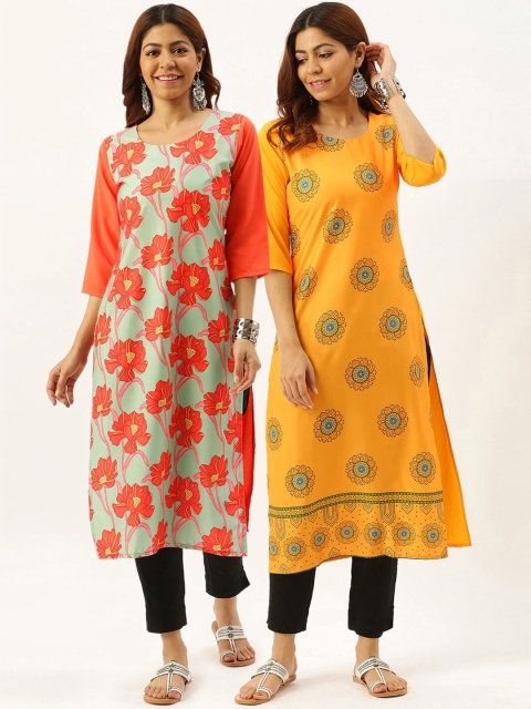 

7Threads Women Pack of 2 Floral Printed Crepe Kurtas, Yellow