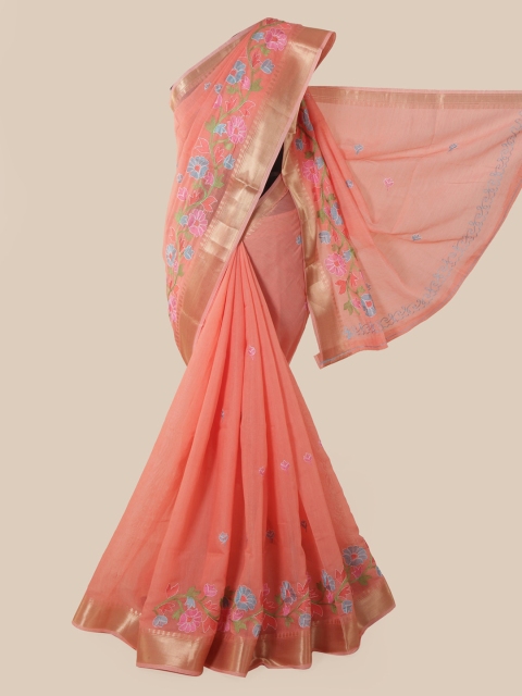 

Pothys Peach-Coloured & Green Cotton Blend Embroidered Chanderi Saree