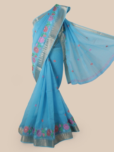 

Pothys Blue Cotton Blend Embroidered Chanderi Saree