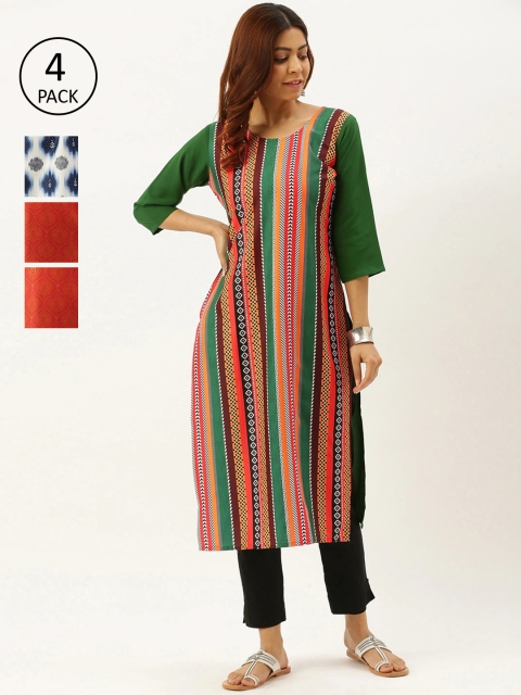 7Threads Women Pack Of 4 Geometric Printed Crepe Kurtas, Multi