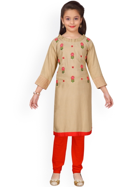 

Aarika Girls Beige & Pink Embroidered Kurta with Churidar