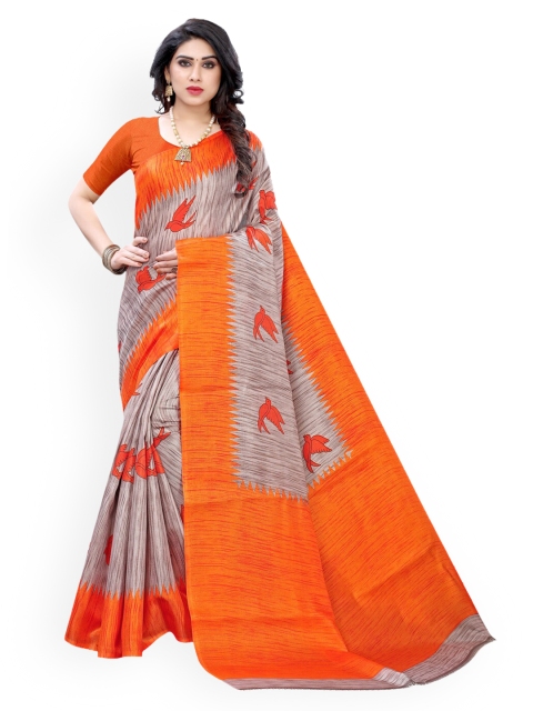 

KALINI Orange & Grey Silk Blend Printed Khadi Saree