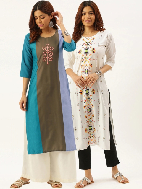 

7Threads Women Pack Of 2 Multicoloured Colourblocked Crepe Kurta, Multi