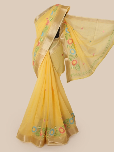 

Pothys Yellow Cotton Blend Solid Chanderi Saree