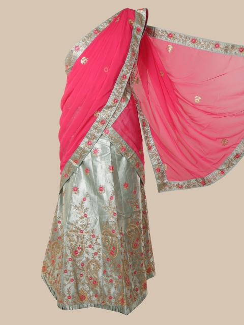 

Pothys Pink & Blue Poly Chiffon Woven Design Lehenga Saree