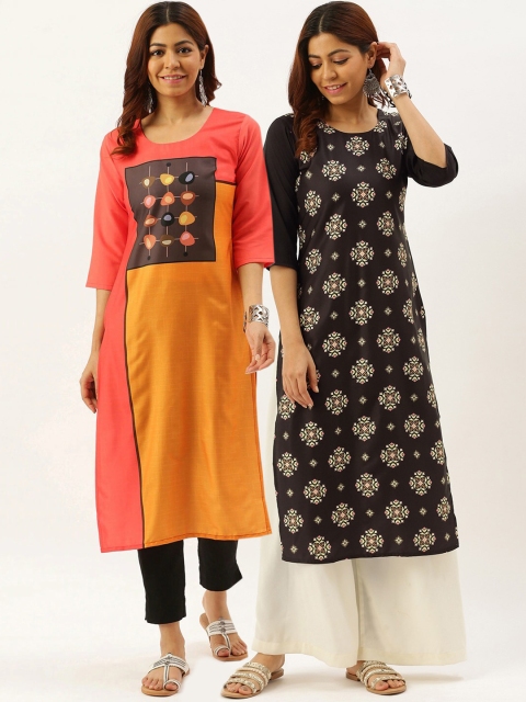 

7Threads Women Pack of 2 Orange & Black Printed Crepe Kurta