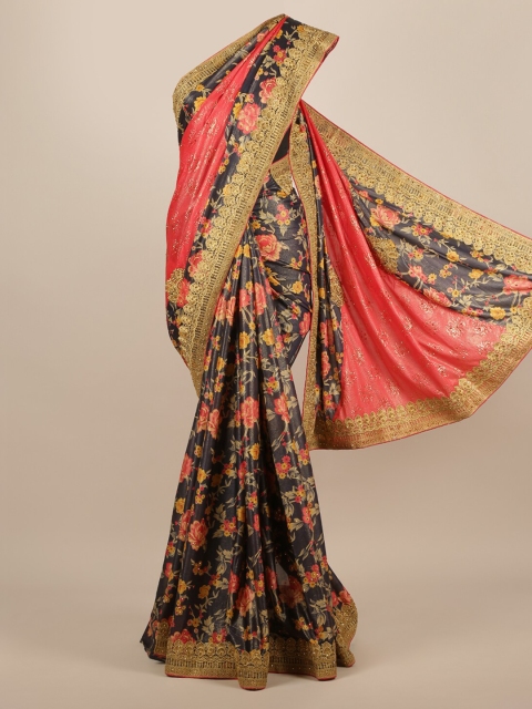 

Pothys Navy Blue & Pink Jute Silk Printed Saree