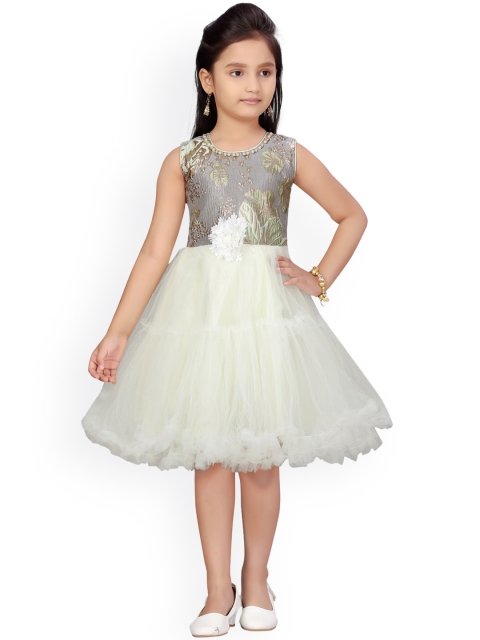 

Aarika Girls Grey & Off-White Embroidered Fit & Flare Dress
