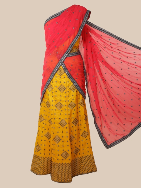 

Pothys Pink & Yellow Poly Chiffon Embroidered Lehenga Saree